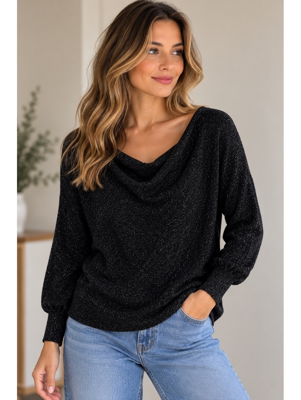 RED Saks Fifth Avenue Cashmere Blend Metallic Shimmer Sweater Black Size S